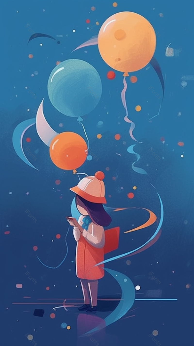 小女孩手拿气球插画艺术手绘图蓝色卡通背景,插画/手绘图,插画/手绘图库,插画/手绘图下载,插画/手绘